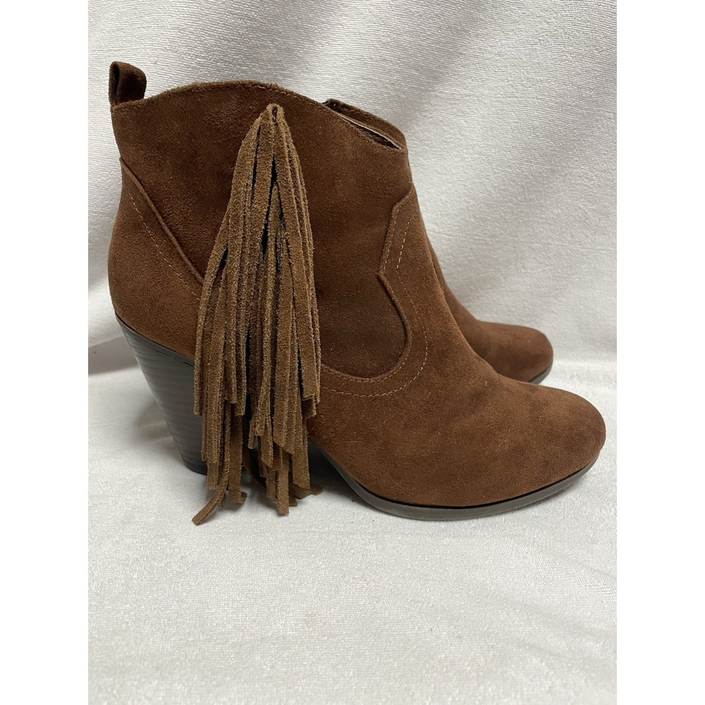 Madden Girl Brown Suede Fringe Ankle Boots Block 3.5"‎ Heel Western Style Size 9